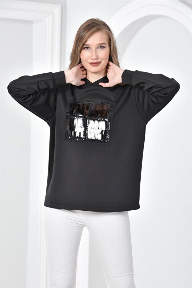 Front Sequin Embroidered Sweat Black