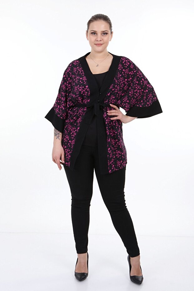 Black Fuchsia Kimono with Tie Front and Buttoned Sleeves and Wide Small Flowers