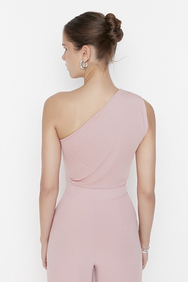 Gül Kurusu Asimetrik Yakalı Alttan Çıtçıtlı Esnek Örme Body TWOSS22BD00014 - 5