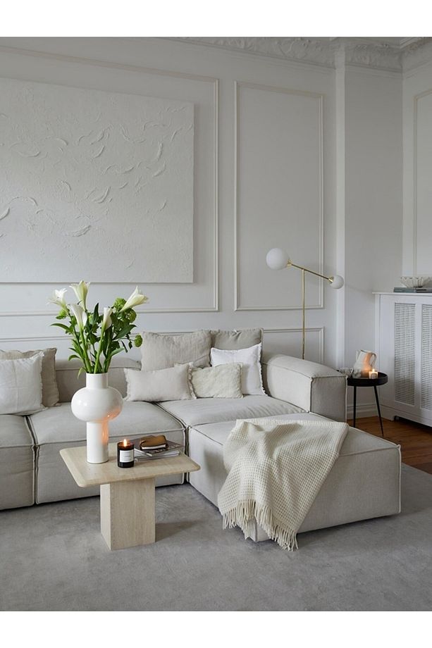 Comfy Modüler Kanepe Köşe Koltuk Takımı Kırık Beyaz Keten Kumaş Pofidik Köşe Takımı 4 Modül - 4