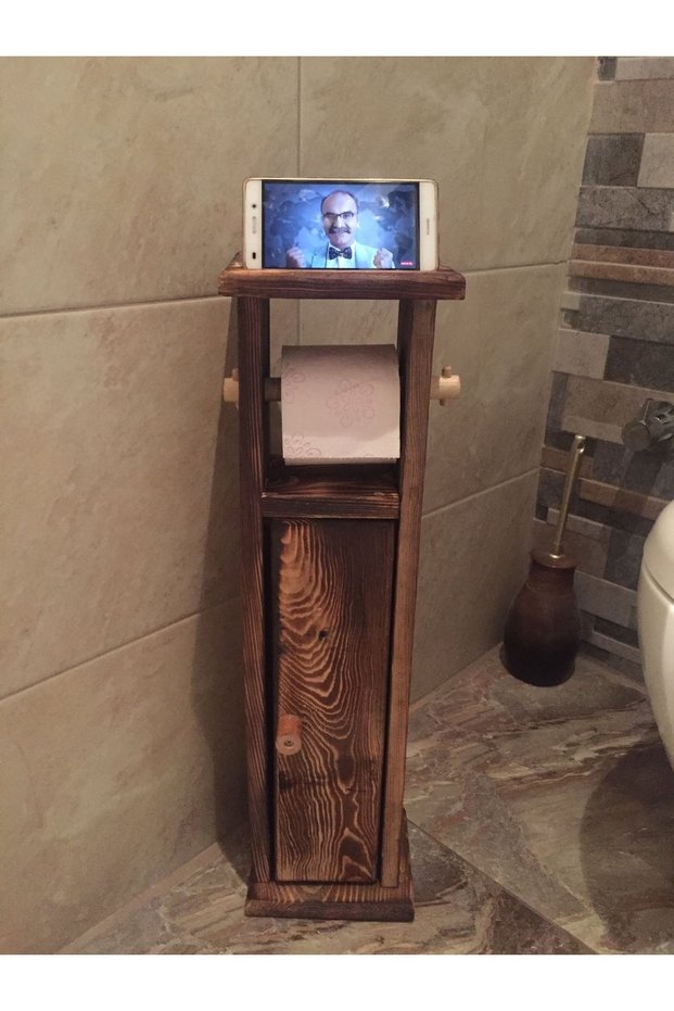 Wooden WC Paper Holder Toilet Phone Holder Stand Featured Bathroom Paper Holder