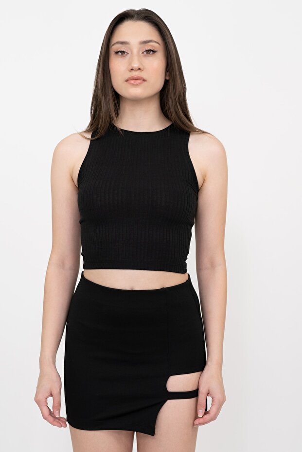 Kadın Siyah Fitilli Super Crop Örme Atlet - 3