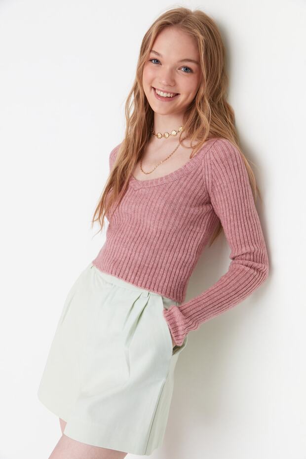 Gül Kurusu Crop Yumuşak Dokulu Basic Triko Kazak TWOAW22KZ1453 - 3
