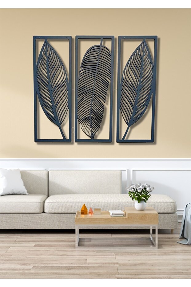 Siyah Ahşap 3lü Zarif Yaprak Duvar Dekoru Salon Oturma Yatak Odası Ofis Için 68x85cm Tablo Seti - 2