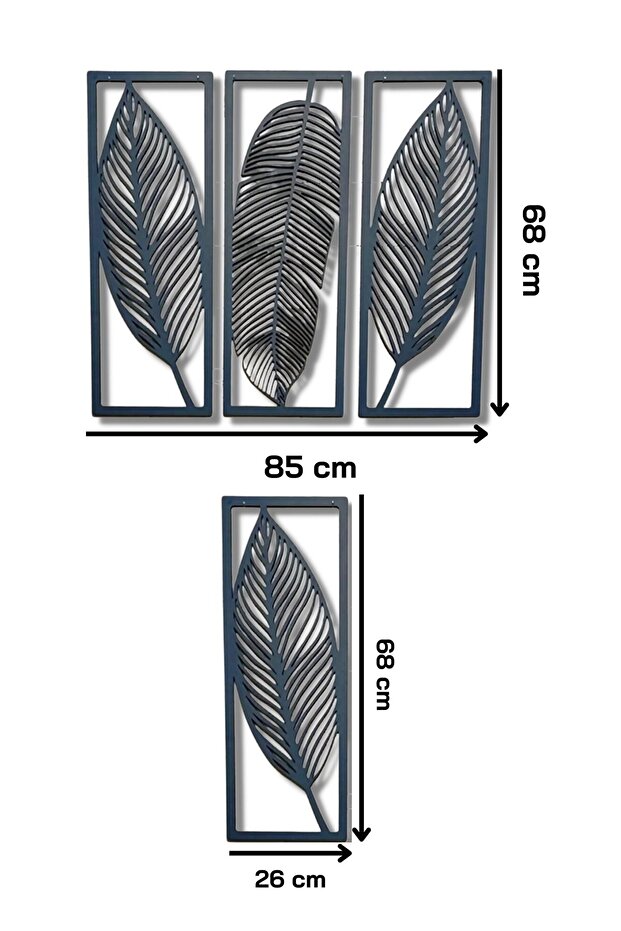 Siyah Ahşap 3lü Zarif Yaprak Duvar Dekoru Salon Oturma Yatak Odası Ofis Için 68x85cm Tablo Seti - 4
