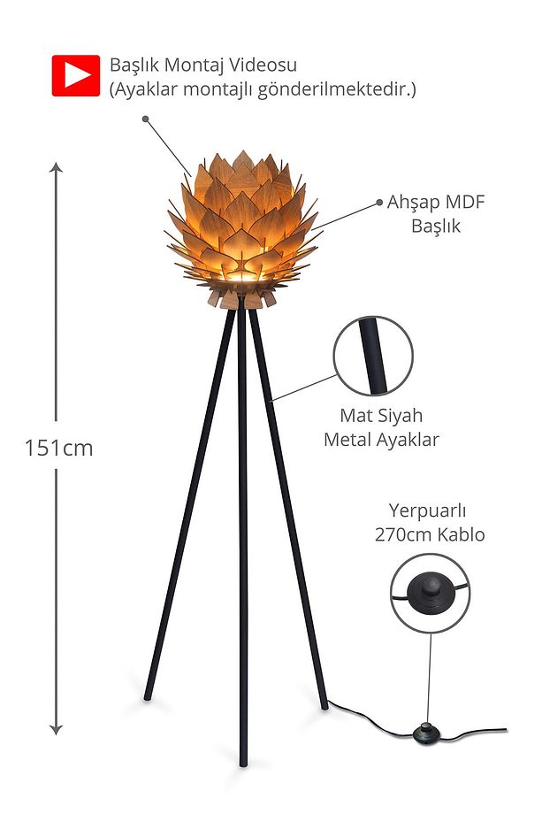 Lotus Metal Ayaklı Yerpuar Anahtarlı Ahşap Modern Tripod Üç Ayaklı Lambader Aydınlatma - 2