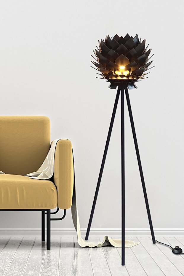 Lotus Metal Ayaklı Yerpuar Anahtarlı Ahşap Modern Tripod Üç Ayaklı Lambader Aydınlatma - 6