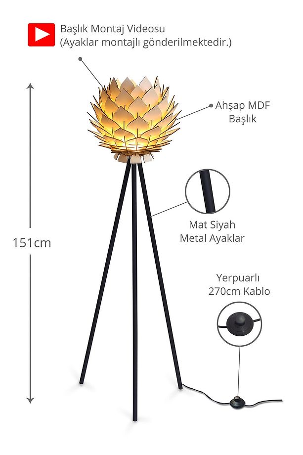 Lotus Metal Ayaklı Yerpuar Anahtarlı Ahşap Modern Tripod Üç Ayaklı Lambader Aydınlatma - 2