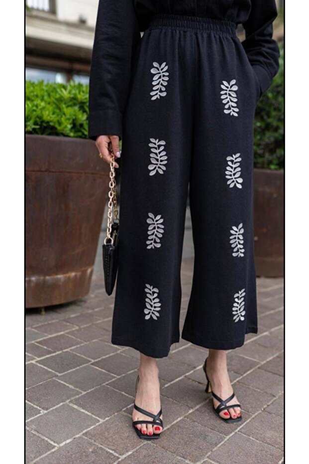 Linen Embroidered Black Trousers