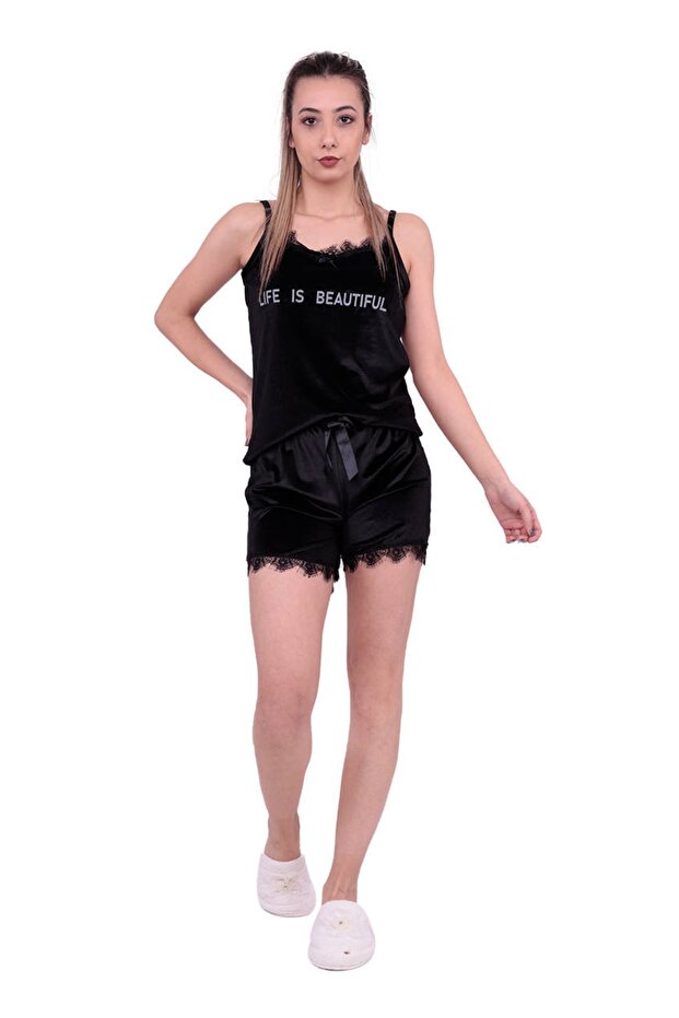 Women's Black Laced Velvet Shorts Pajama Set 10101