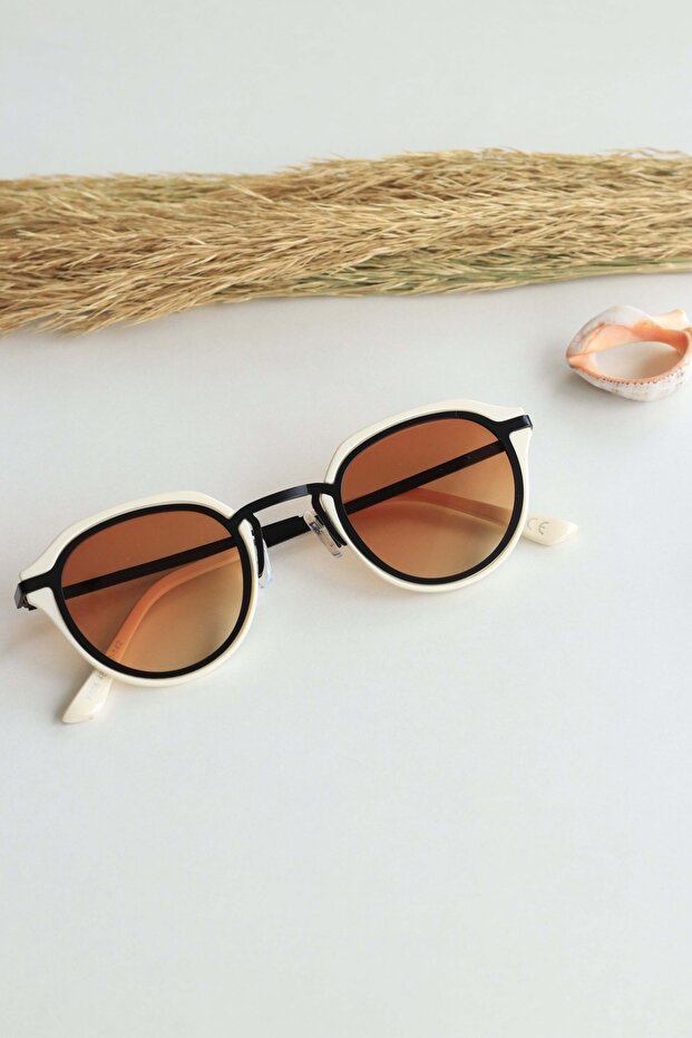 Sunglasses Unisex Cream Beige Frame Brown Glass Uv 400 Protection Metal Handle