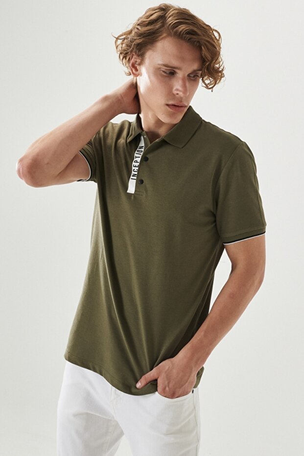 Men's Khaki Slim Fit Slim Fit Slogan Polo Collar 100% Cotton T-Shirt