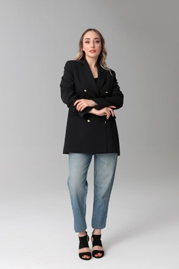 Kadın Mono Yaka, Astarlı, Cepli Blazer Ceket - 2