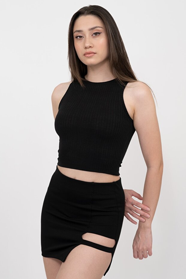 Kadın Siyah Fitilli Super Crop Örme Atlet - 2