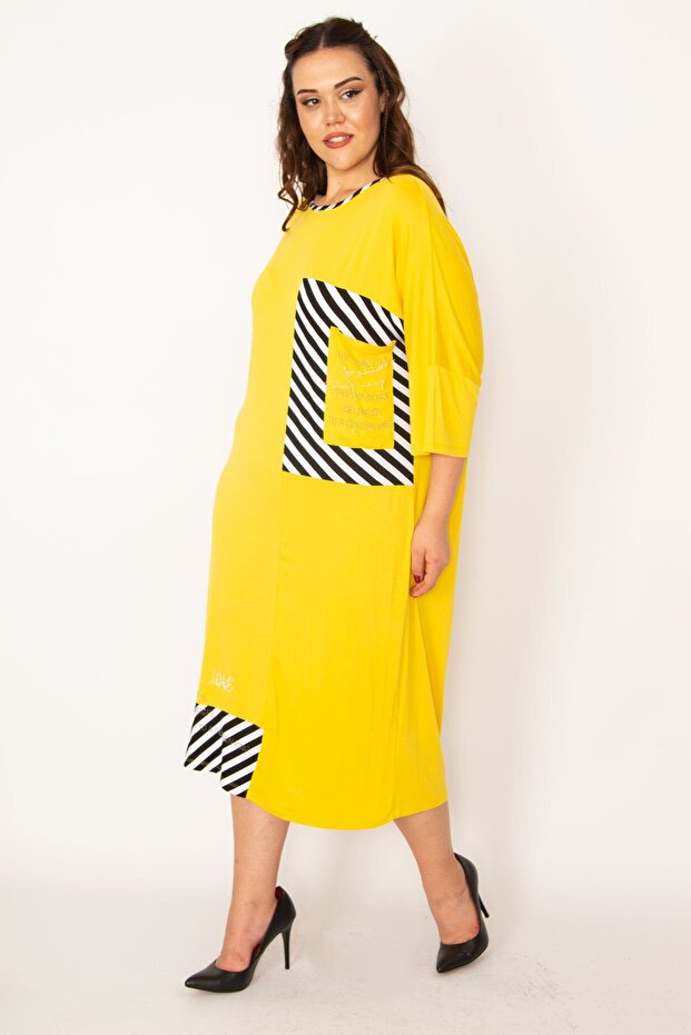 Women's Large Size Yellow Stone Detailed Striped Dress 65n33095 - 2