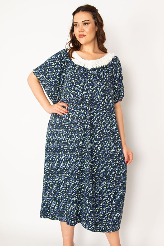 Women's Large Size Navy Blue Lace Collar Comfortable Cut Long Viscose Dress 65n33206