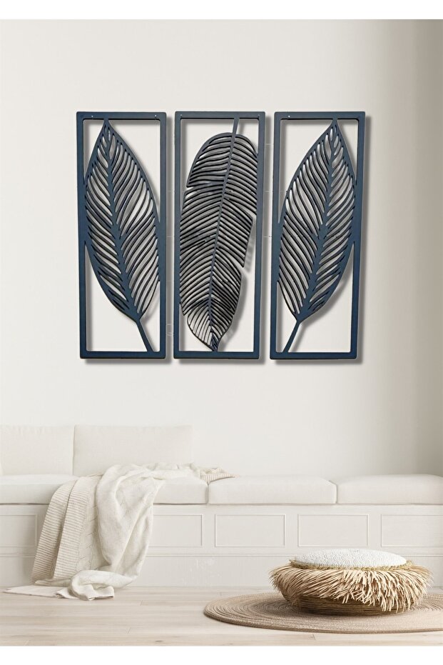 Siyah Ahşap 3lü Zarif Yaprak Duvar Dekoru Salon Oturma Yatak Odası Ofis Için 68x85cm Tablo Seti - 1