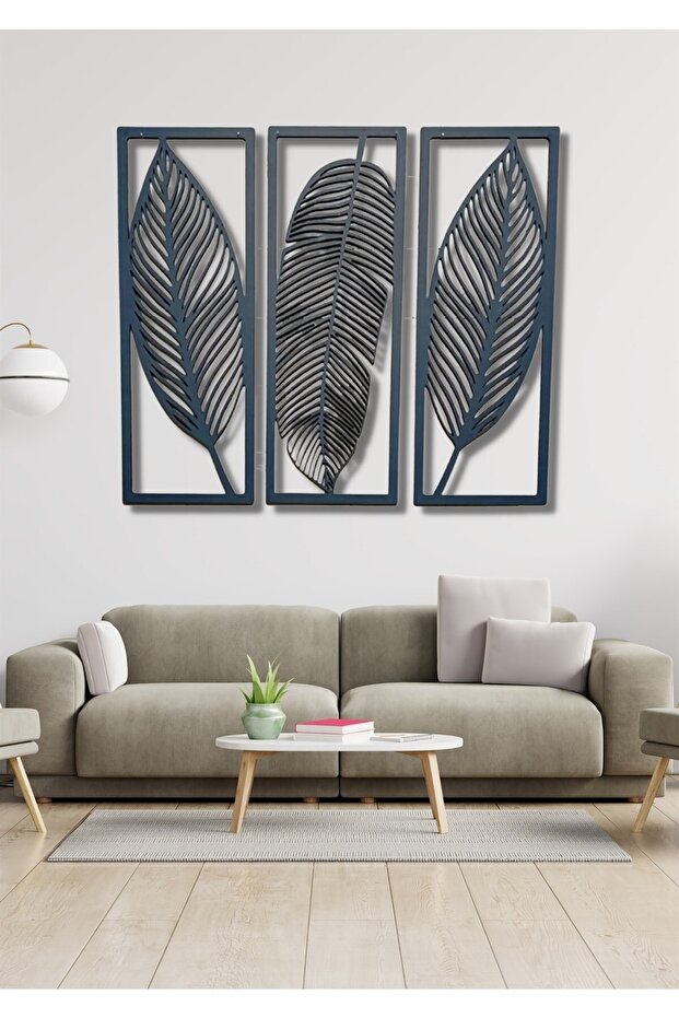 Siyah Ahşap 3lü Zarif Yaprak Duvar Dekoru Salon Oturma Yatak Odası Ofis Için 68x85cm Tablo Seti - 3