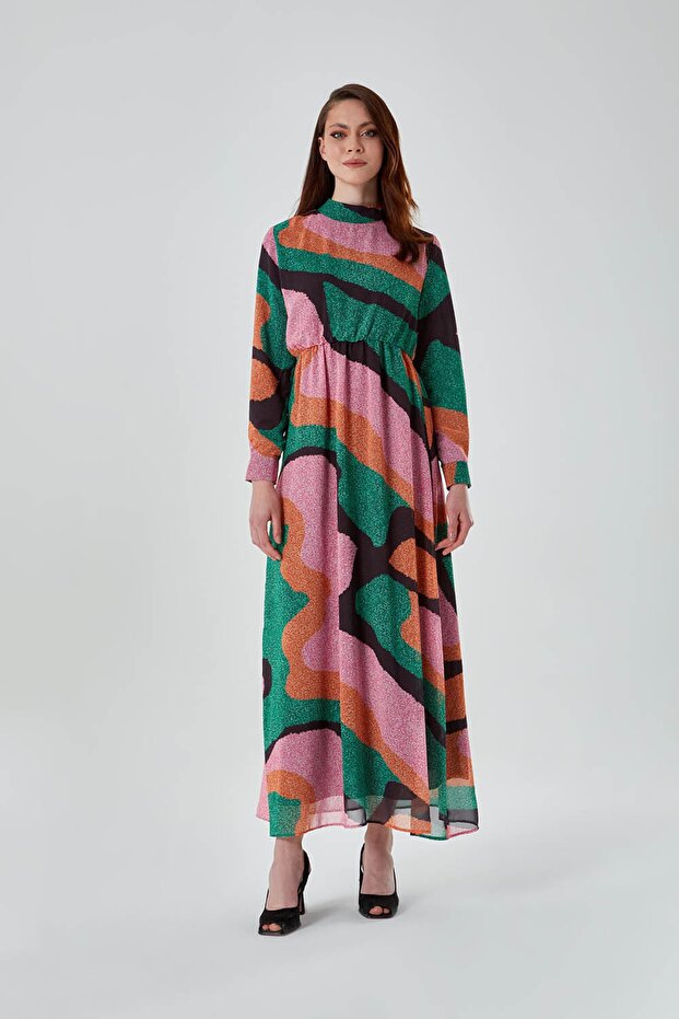 High Collar Printed Green Long Dress