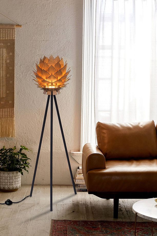 Lotus Metal Ayaklı Yerpuar Anahtarlı Ahşap Modern Tripod Üç Ayaklı Lambader Aydınlatma - 3