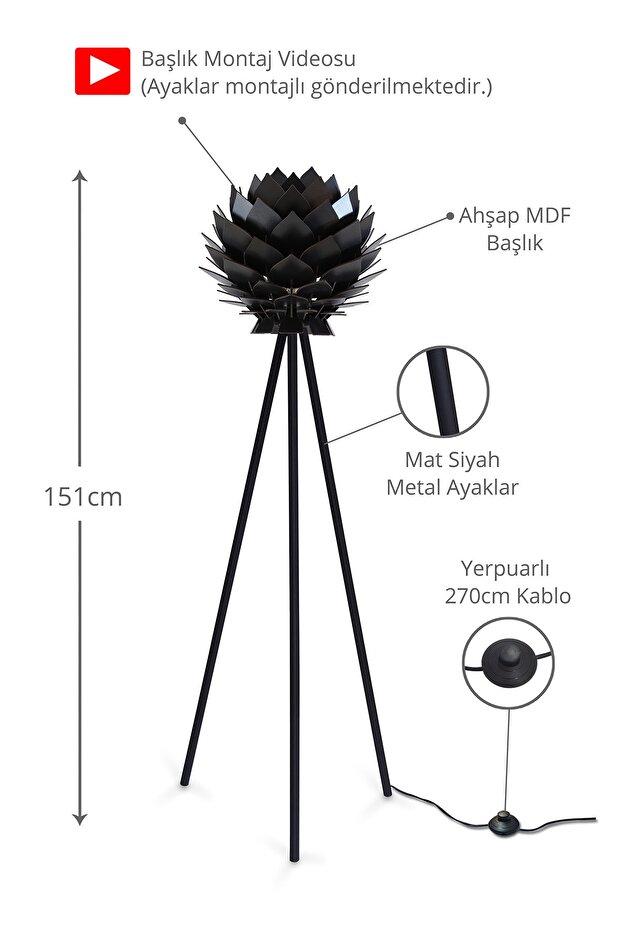 Lotus Metal Ayaklı Yerpuar Anahtarlı Ahşap Modern Tripod Üç Ayaklı Lambader Aydınlatma - 2