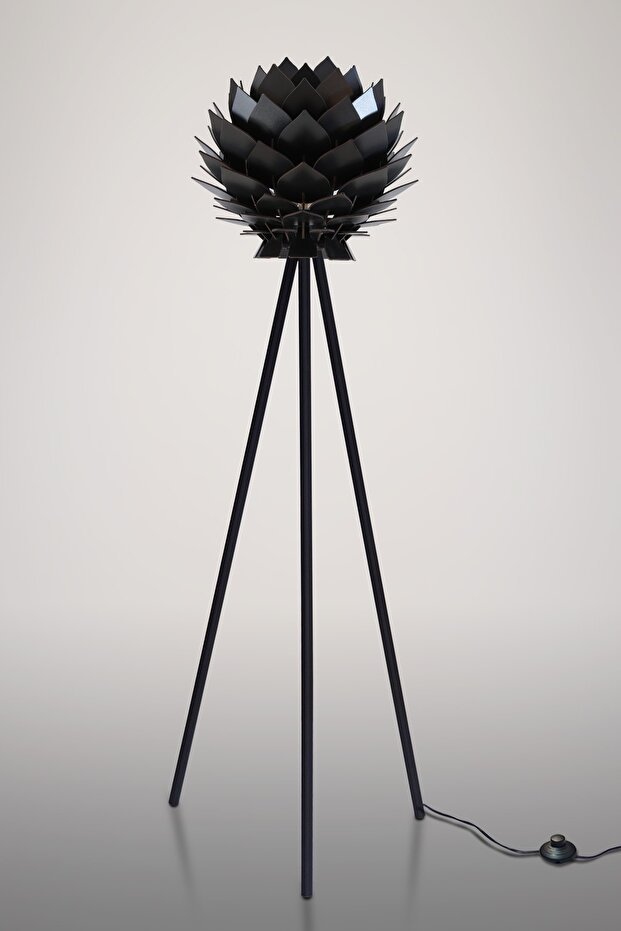 Lotus Metal Ayaklı Yerpuar Anahtarlı Ahşap Modern Tripod Üç Ayaklı Lambader Aydınlatma - 8
