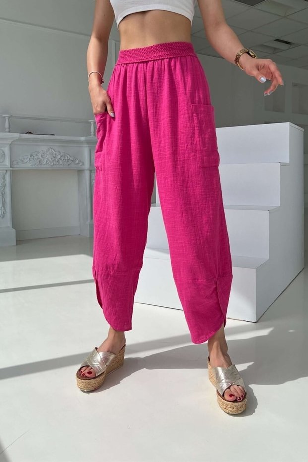 Women's Fuchsia Pink Linen Textured Lace Elastic Waist Trousers