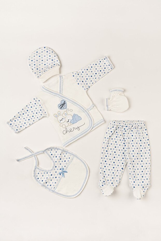 O Baby Newborn 5-Piece Hospital Release Bodysuit Set Blue Rabbit