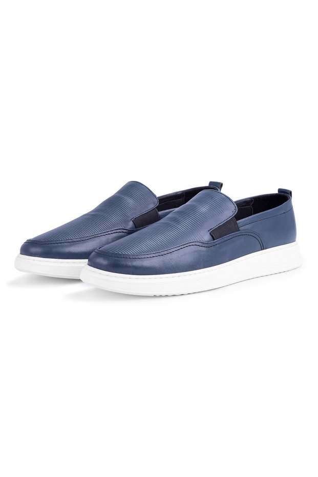 Seon Genuine Leather Men's Casual Shoes, Loafer Shoes, Summer Shoes, Light Shoes Navy Blue