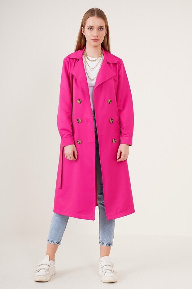 Women's Fuchsia Double Breasted Collar Trench Coat