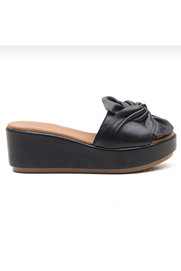 Women's Black Genuine Leather Bow Slippers
