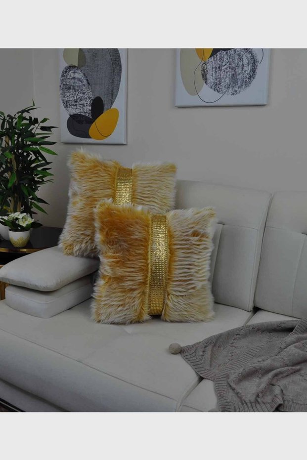 Plush Square Striped Throw Pillow Cover - Mustard