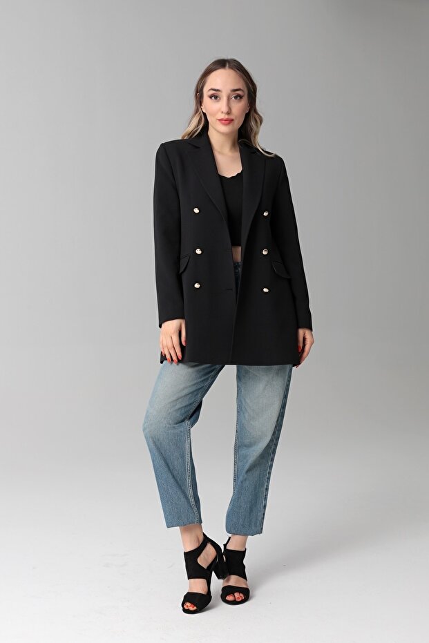 Kadın Mono Yaka, Astarlı, Cepli Blazer Ceket - 1