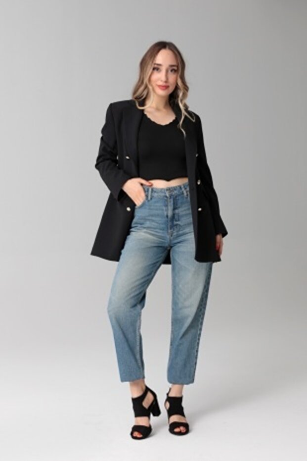 Kadın Mono Yaka, Astarlı, Cepli Blazer Ceket - 3