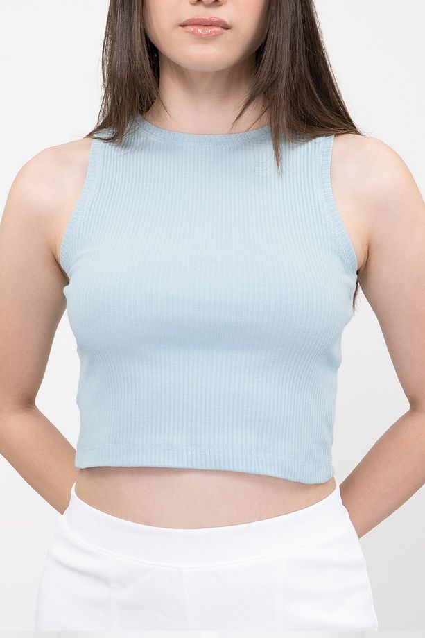 Kadın Açık Mavi Fitilli Super Crop Örme Atlet - 4