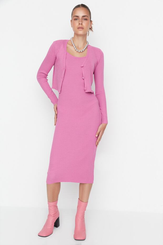Pembe Vücuda Oturan Midi Triko Hırka Elbise Takım TWOSS21EL0208 - 8