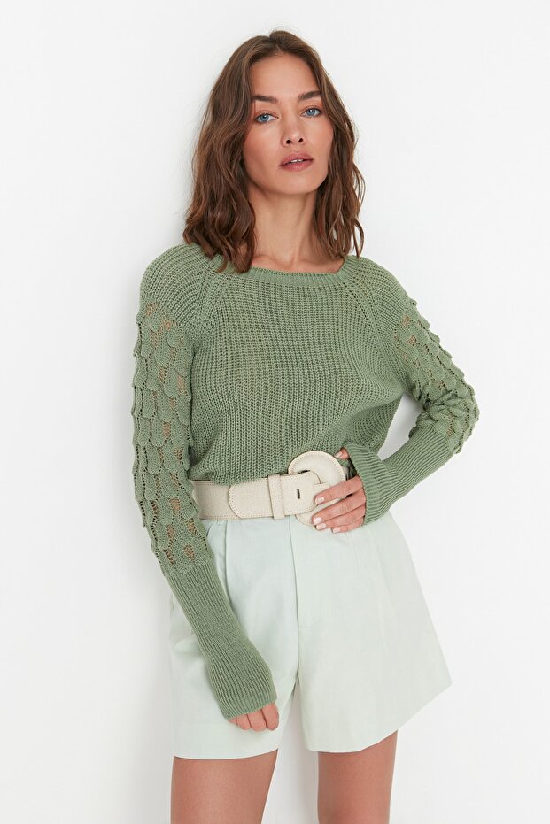 Mintgrüner strukturierter Strickpullover mit Rundhalsausschnitt TWOAW20KZ0130 - 1