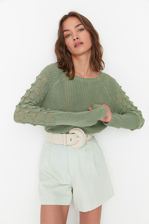 Mintgrüner strukturierter Strickpullover mit Rundhalsausschnitt TWOAW20KZ0130 - 2