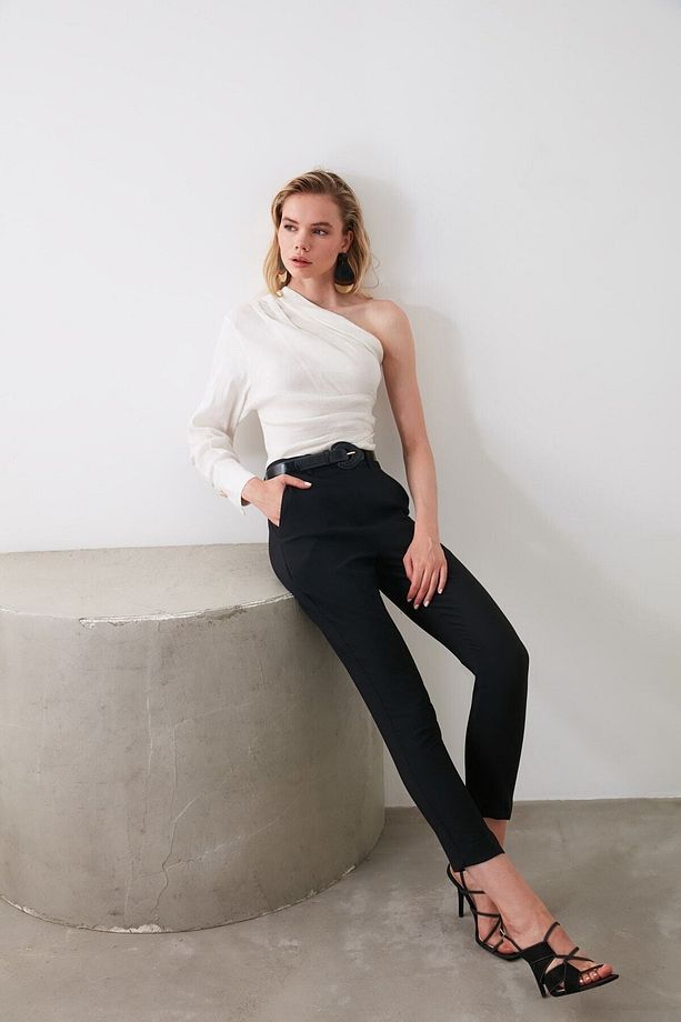 Siyah Basic Cigarette Dar Paça Dokuma Kumaş Pantolon TWOSS19ST0038 - 12