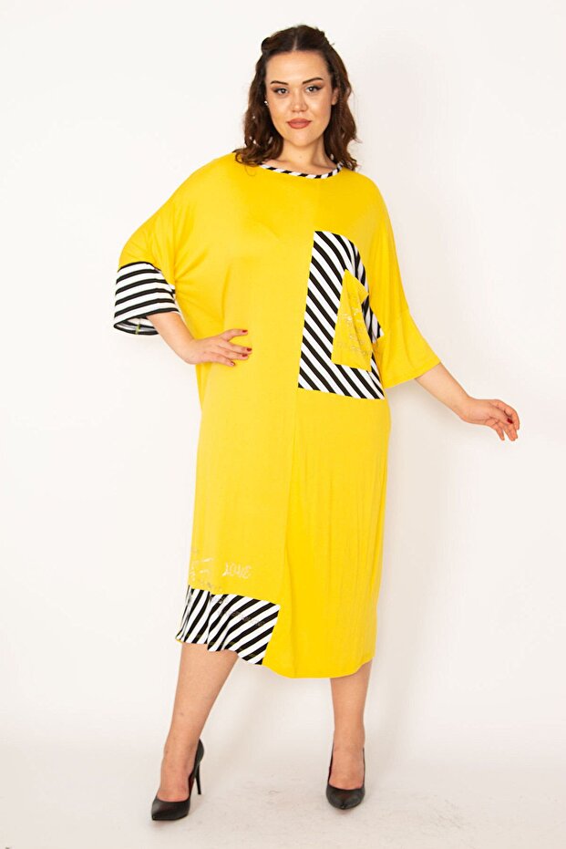 Women's Large Size Yellow Stone Detailed Striped Dress 65n33095 - 1