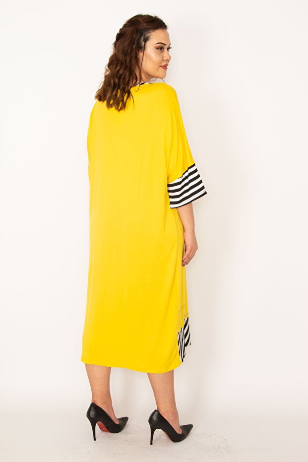 Women's Large Size Yellow Stone Detailed Striped Dress 65n33095 - 3