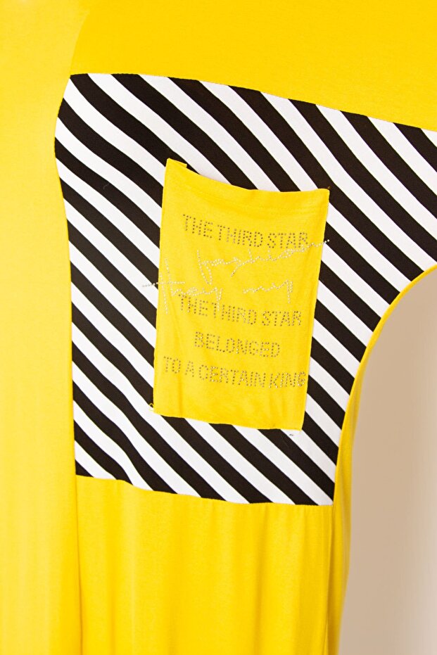 Women's Large Size Yellow Stone Detailed Striped Dress 65n33095 - 4