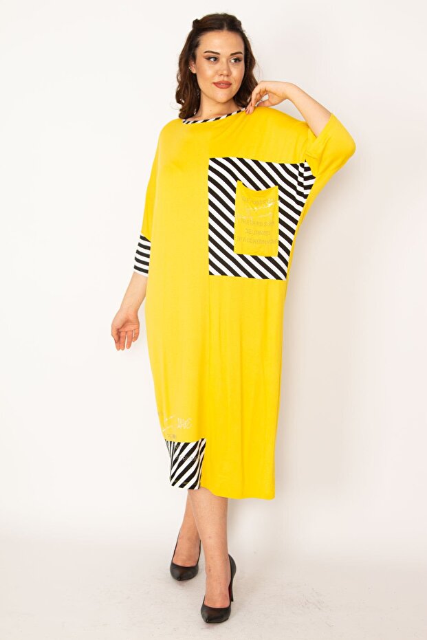 Women's Large Size Yellow Stone Detailed Striped Dress 65n33095 - 5