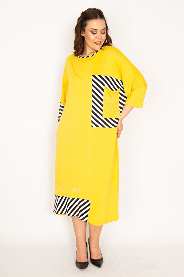 Women's Large Size Yellow Stone Detailed Striped Dress 65n33095 - 6