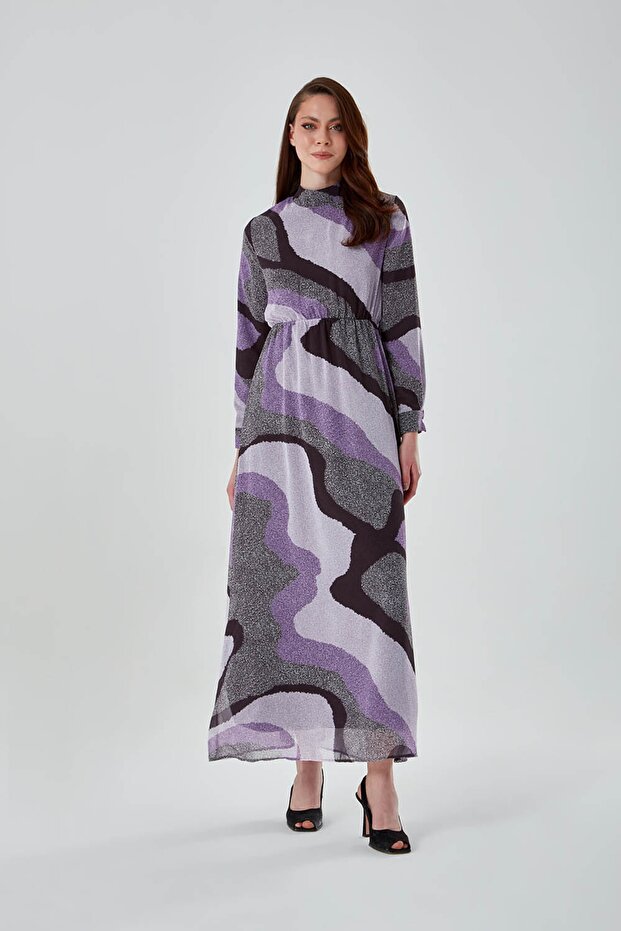 High Collar Printed Lilac Long Dress