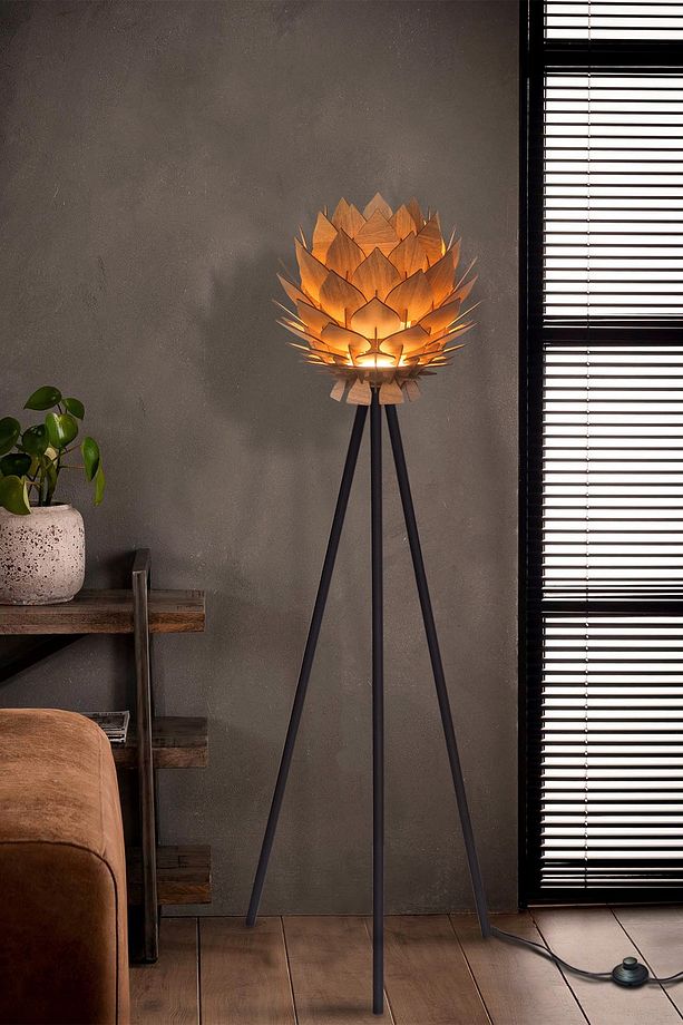 Lotus Metal Ayaklı Yerpuar Anahtarlı Ahşap Modern Tripod Üç Ayaklı Lambader Aydınlatma - 5