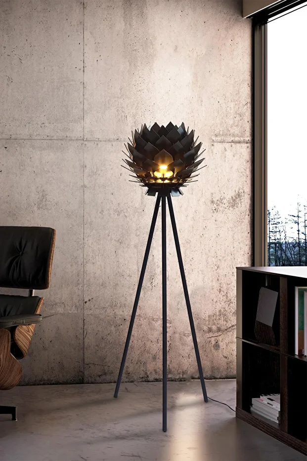 Lotus Metal Ayaklı Yerpuar Anahtarlı Ahşap Modern Tripod Üç Ayaklı Lambader Aydınlatma - 1