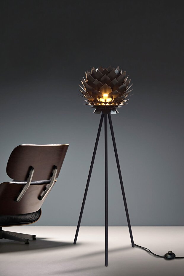 Lotus Metal Ayaklı Yerpuar Anahtarlı Ahşap Modern Tripod Üç Ayaklı Lambader Aydınlatma - 5