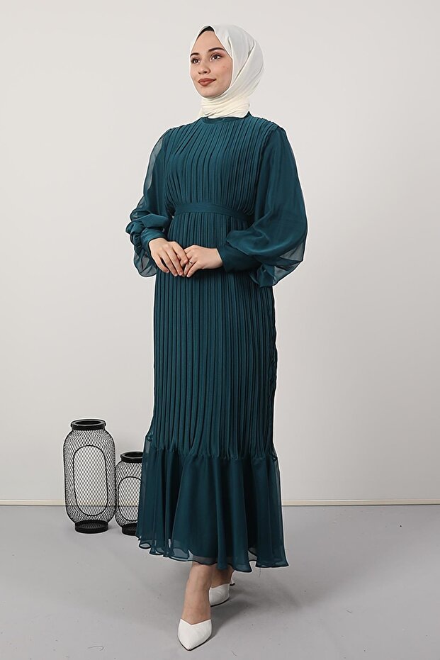 Pleated Janjan Evening Dress Emerald