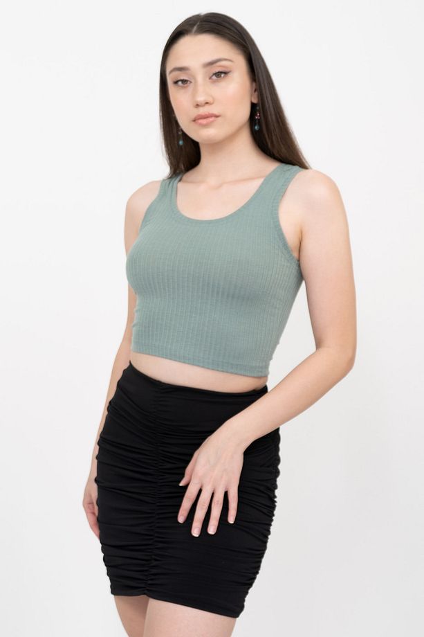 Kadın Yeşil Basic Fitilli Crop Örme Atlet - 2